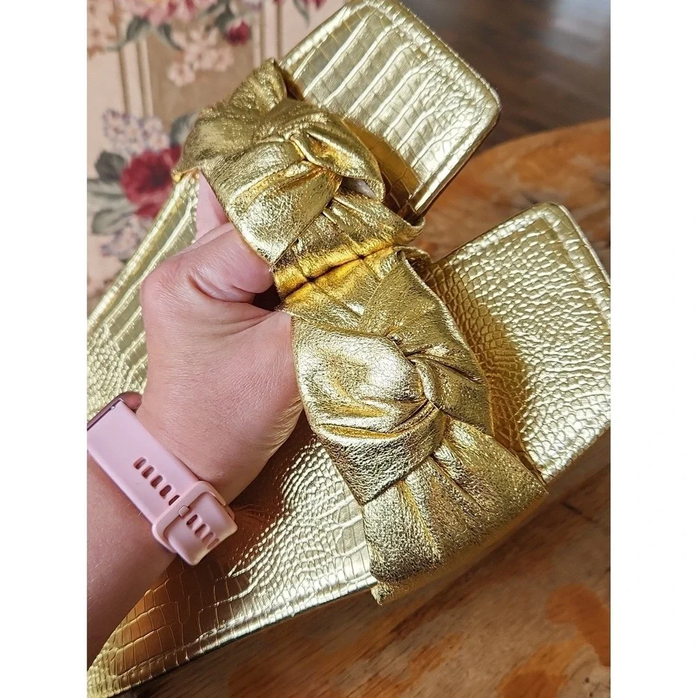 Metallic‎ Gold Knotted Croc Embossed Slides Flats Square Toe EUR 43